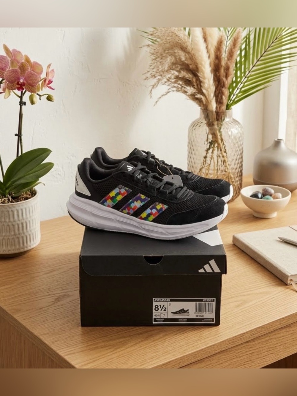 adidas Black Sneakers with Multicolor Pixel Stripe size 8.5 women’s